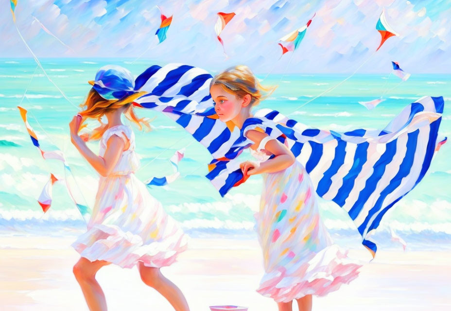 Children playing with a blanket on the beach with kites in the background