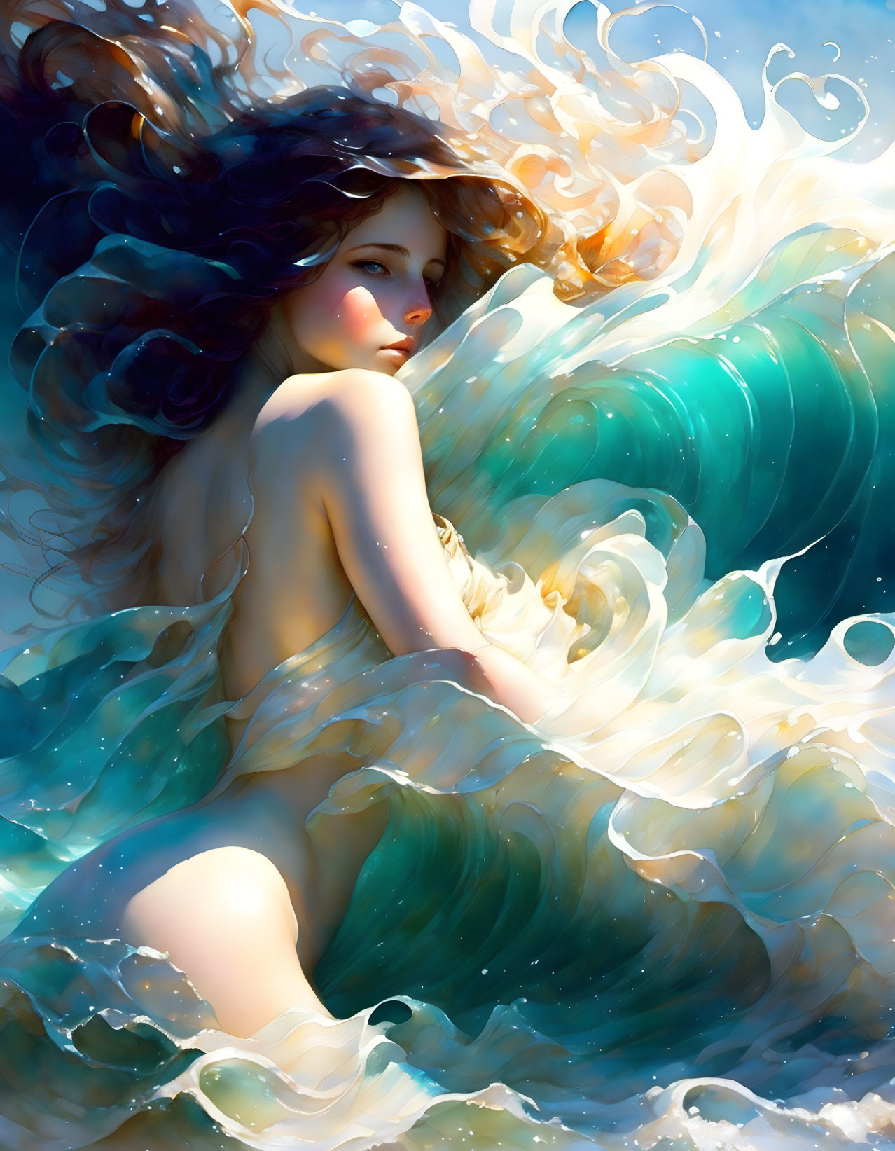 Fantasy illustration: Woman merging with ocean waves