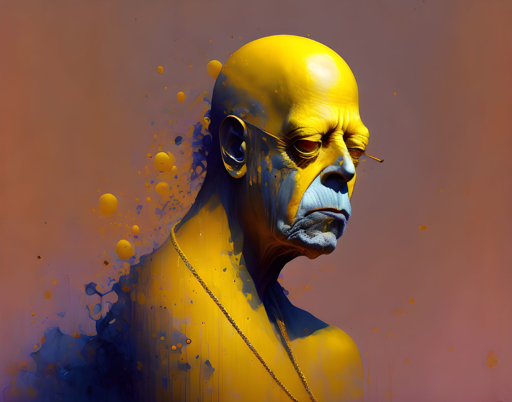 Surreal Bald Figure with Yellow Paint on Warm Backdrop