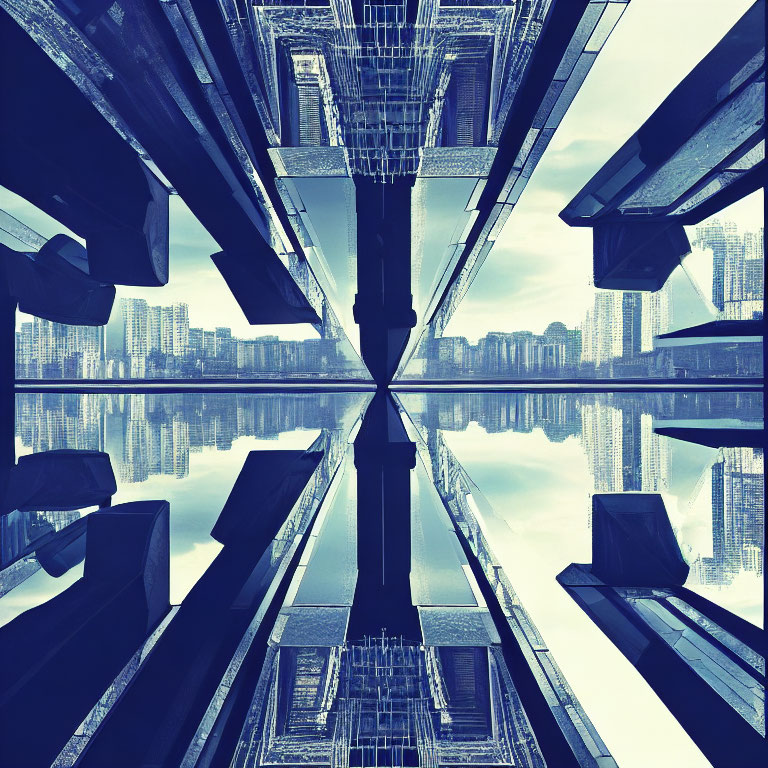 Urban skyline with towering skyscrapers in symmetrical pattern against blue sky