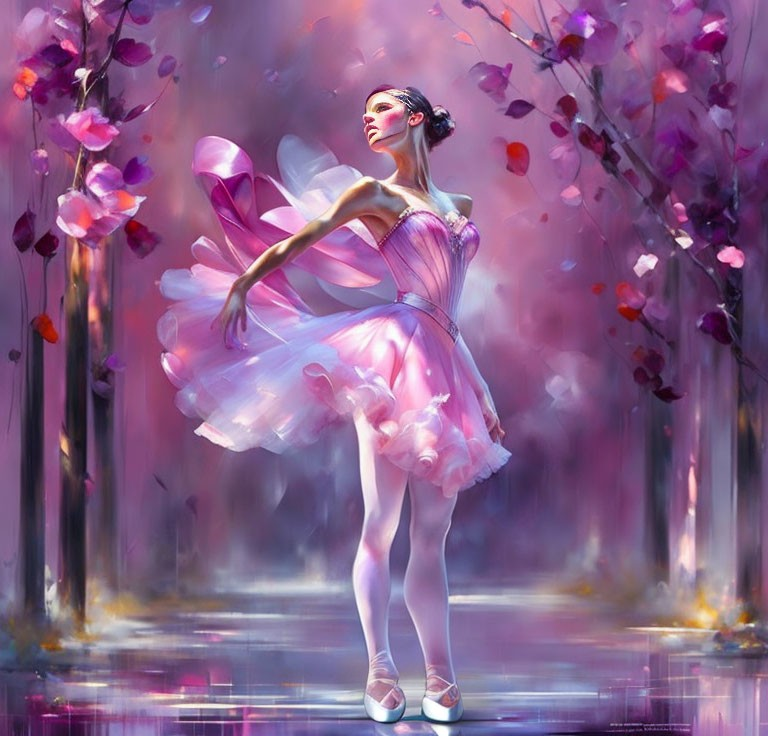 Graceful ballerina in pink tutu amidst whimsical, colorful forest setting.