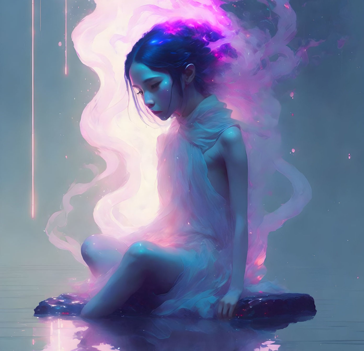 Ethereal blue-skinned girl in swirling pink and purple nebula