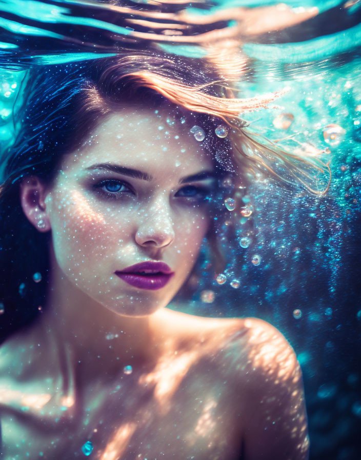 Woman underwater with flowing hair and bubbles, teal-tinted dreamy light.