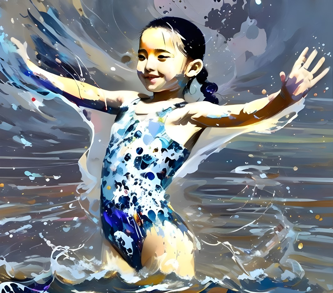 Young girl with pigtails splashing in water surrounded by vibrant paint splatters