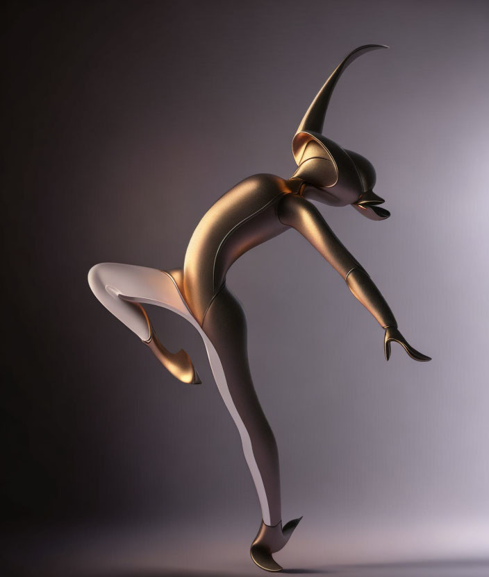 Abstract metallic humanoid figure with elongated limbs in dynamic pose