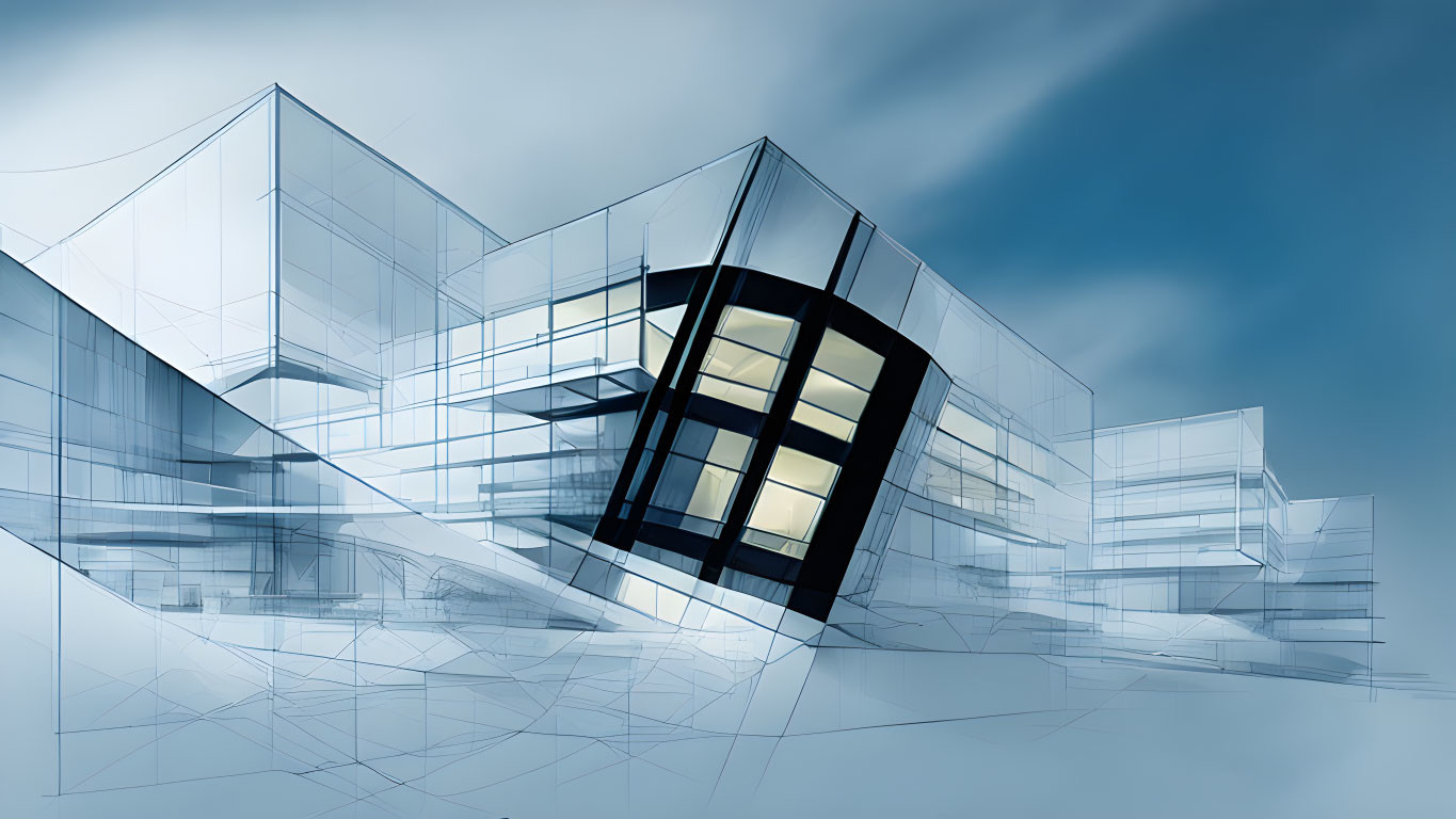 Futuristic digital concept art of glass facade building & abstract structures