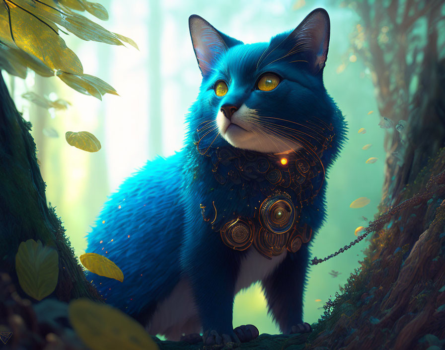 Blue cat with luminous eyes in mystical forest setting