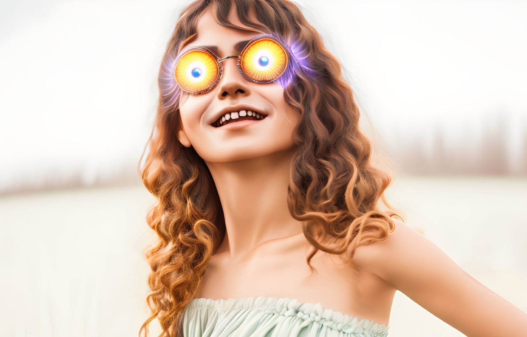 Curly-Haired Woman Smiling in Whimsical Spiral Glasses