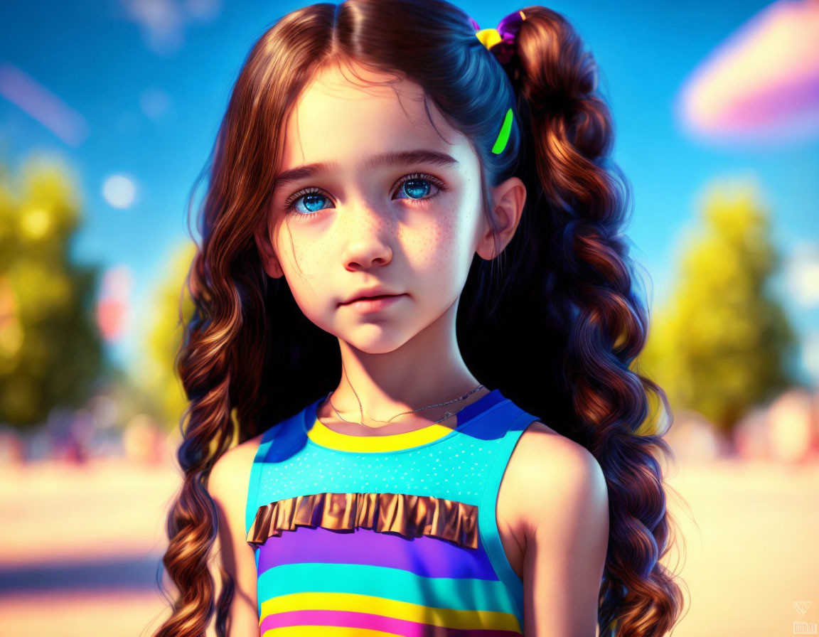 Young girl with blue eyes and curly hair in colorful tank top artwork.