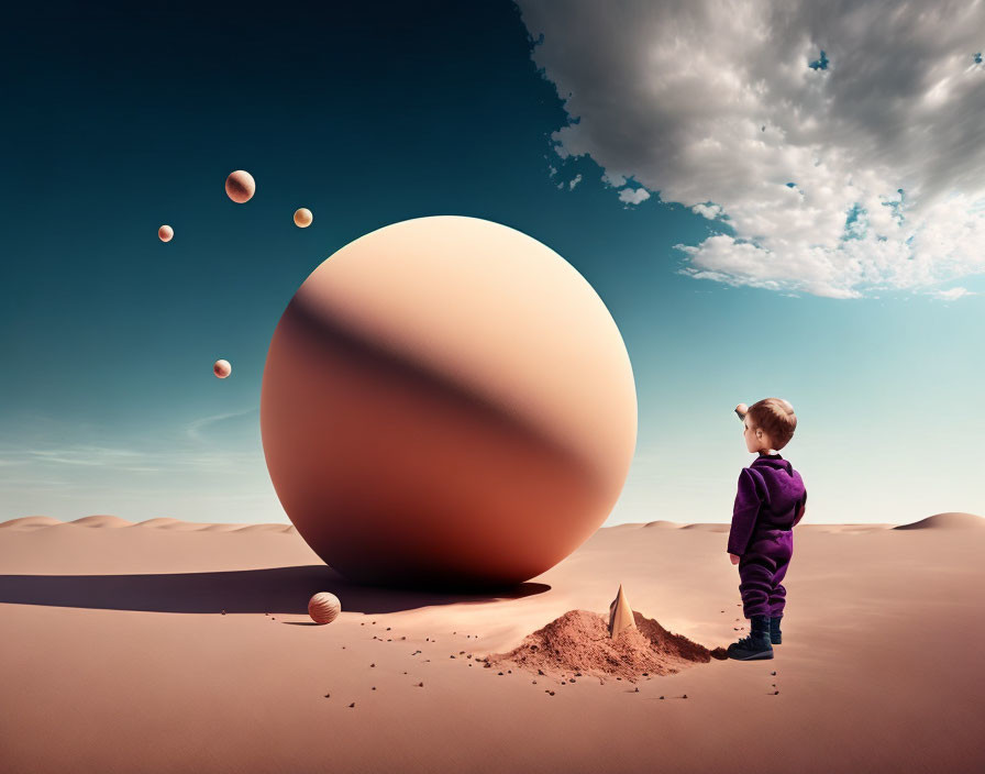 Child in purple outfit gazes at large sphere in surreal desert scene