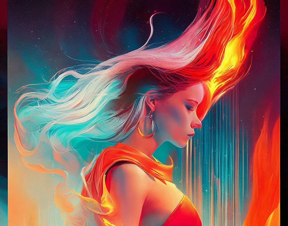 Colorful digital artwork: Woman with flowing hair in icy blue to fiery orange against cosmic backdrop