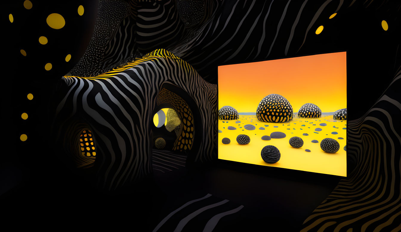 Surreal 3D Artwork: Zebra-Striped Room with Spheres and Vibr