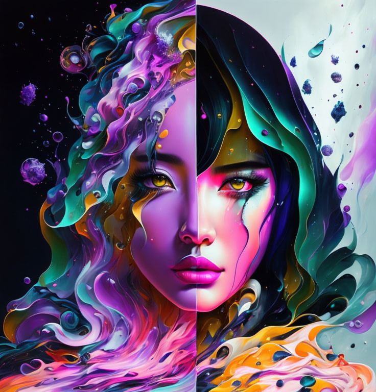 Colorful digital artwork of woman's face merging with cosmic elements