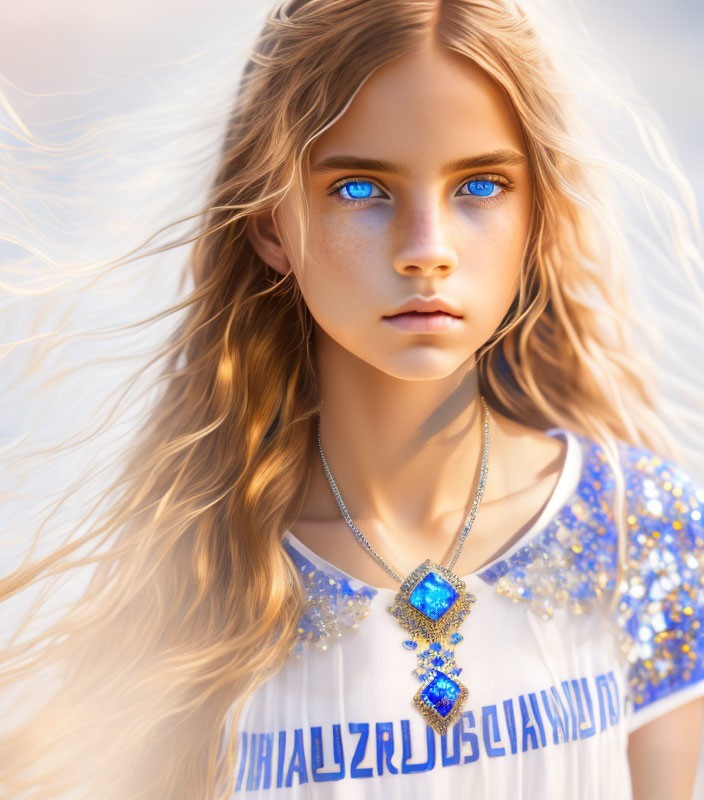 Young girl with blonde hair and blue eyes portrait against soft-focus background