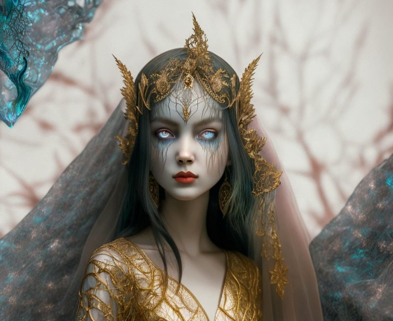 Fantasy female character portrait with ornate gold headpiece and blue eyes