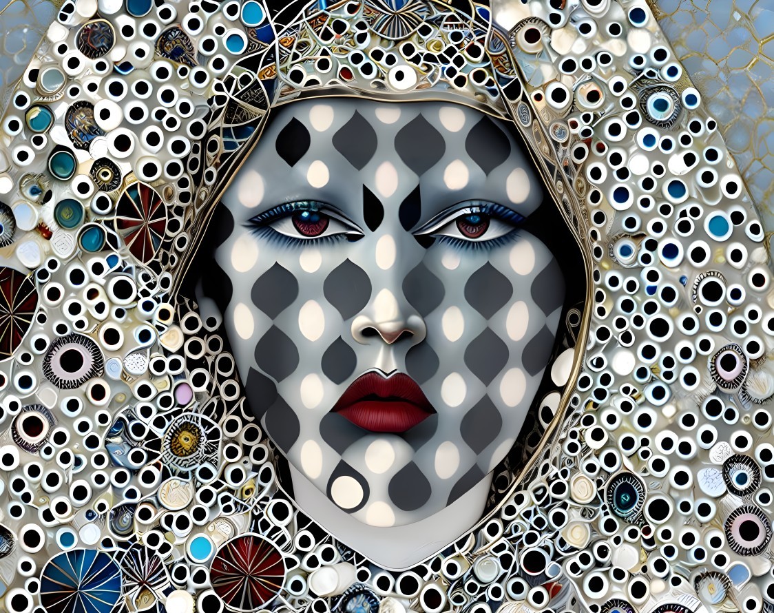 Surreal Artwork: Woman's Face with Polka-dot Patterns & Circular Background