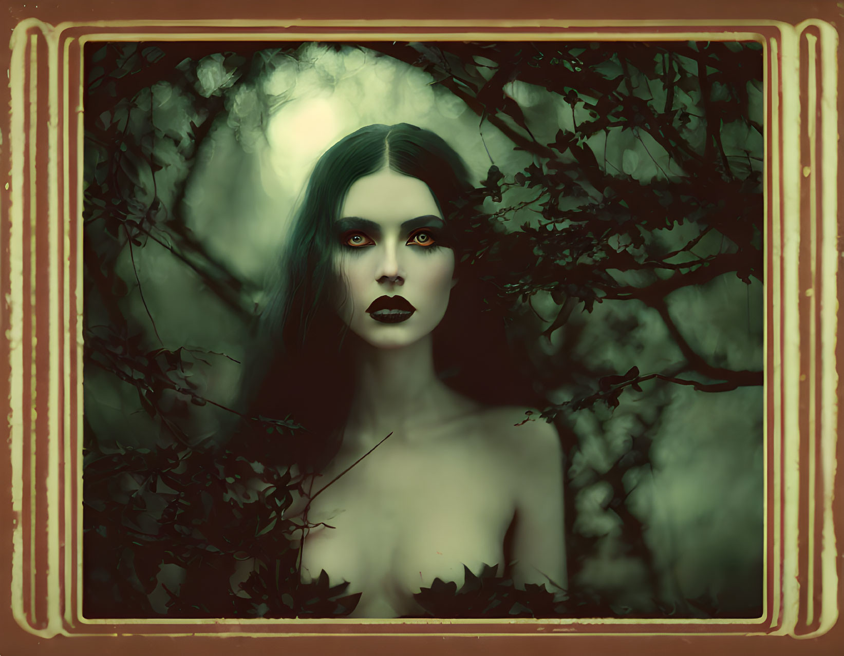 Portrait of pale-skinned woman with dark makeup in mystical forest setting with ornate border