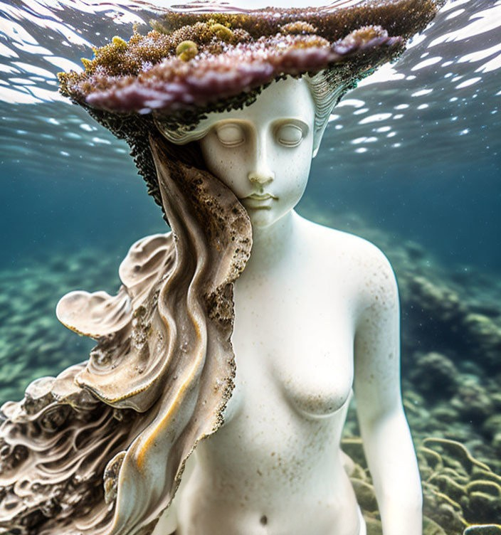 Serene underwater sculpture with coral growth depicted.