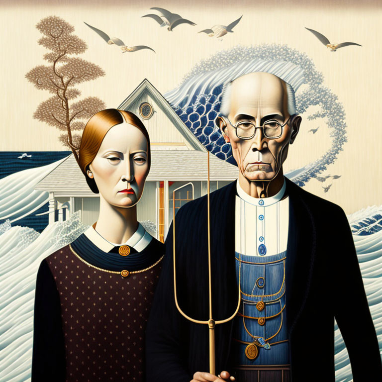 Illustrated portrait of stern couple against surreal nature-geometry backdrop