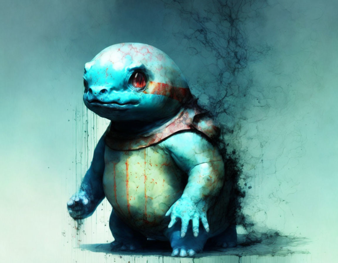 Blue turtle-like creature with patterned shell in ethereal setting