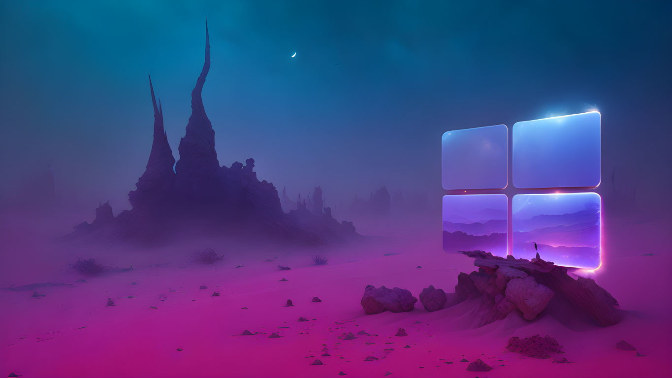 Neon-lit window in purple desert twilight landscape