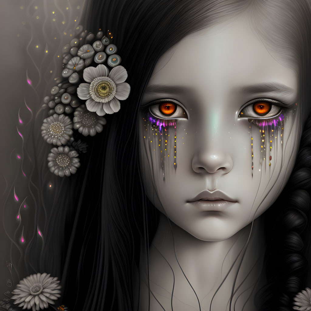 Girl with Orange Eyes and Floral Elements