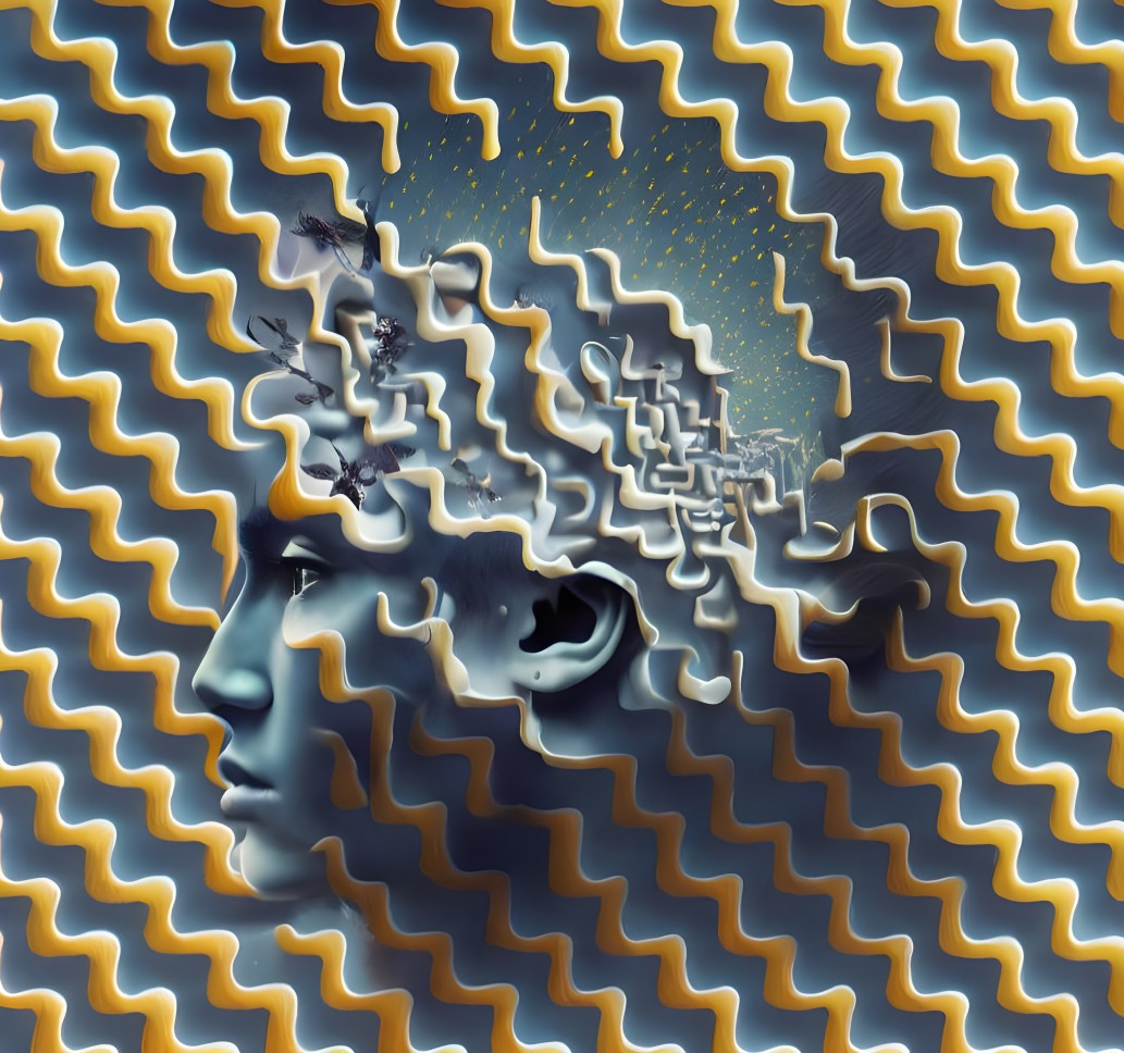 Surreal human face profile merging with maze pattern on wavy background