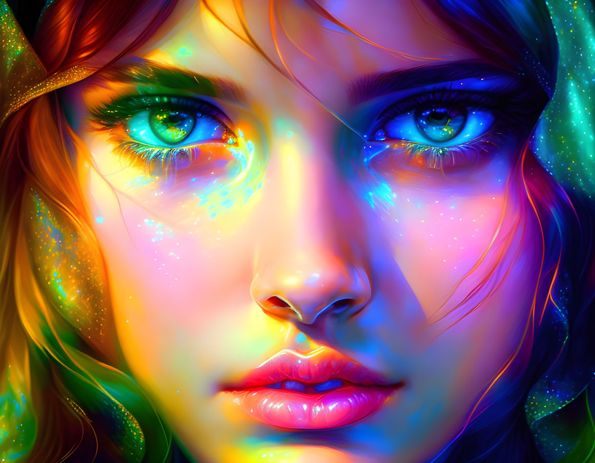 Colorful digital portrait of a woman with green eyes in cosmic setting