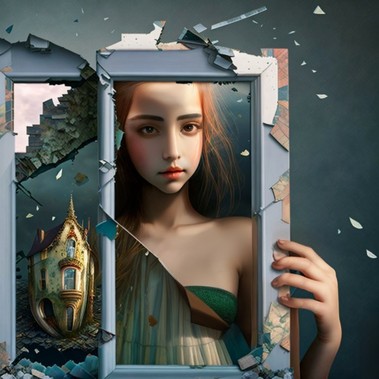 Woman emerging from broken picture frame with floating castle backdrop