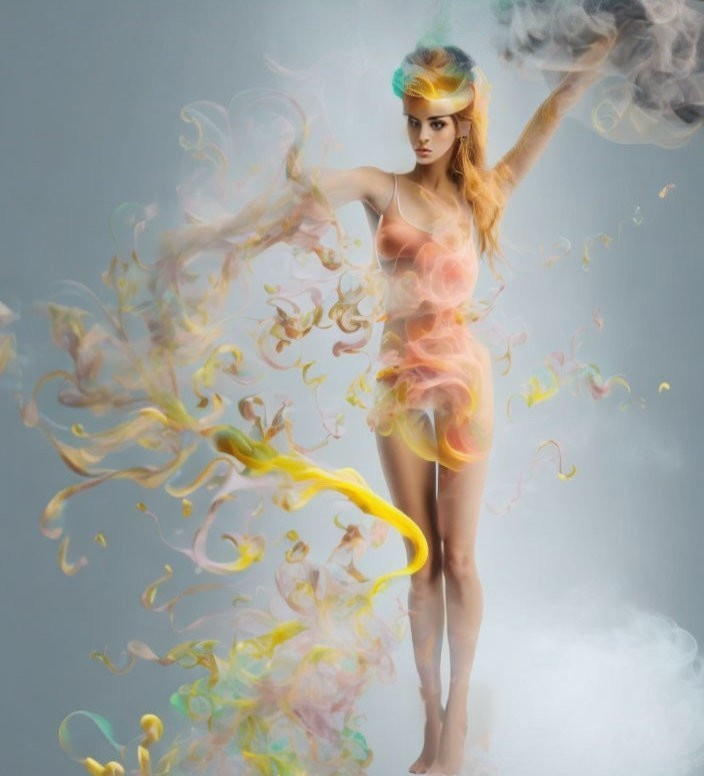 Colorful Smoke Surrounding Woman on Grey Background