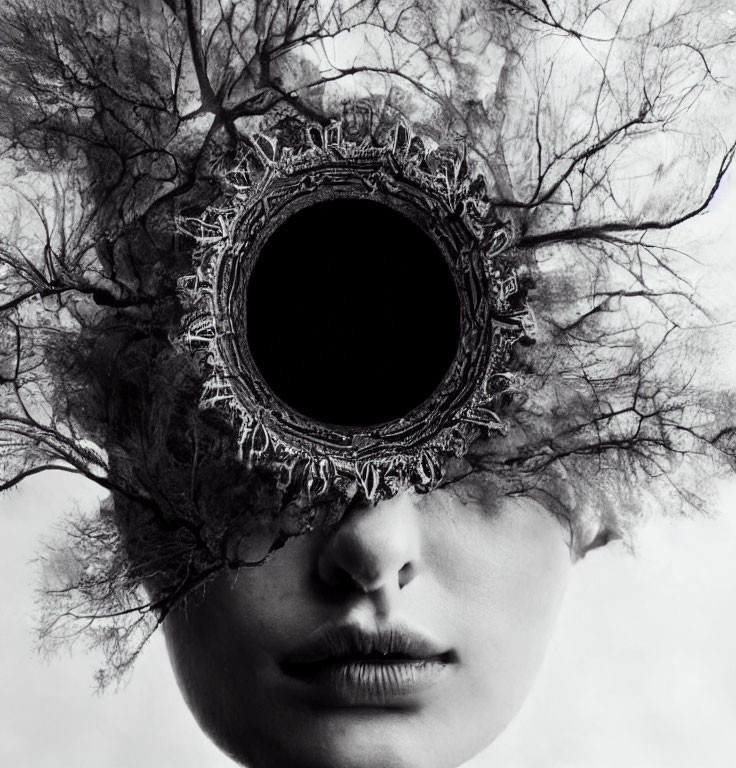 Surreal black and white image of person with tree-like head silhouette