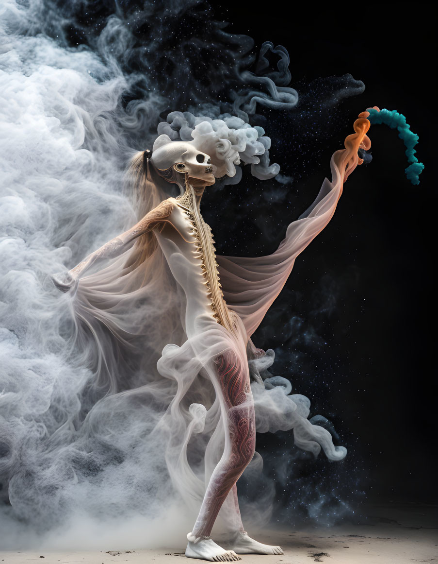 Surreal artwork: Skeleton figure in mist with patterned leggings