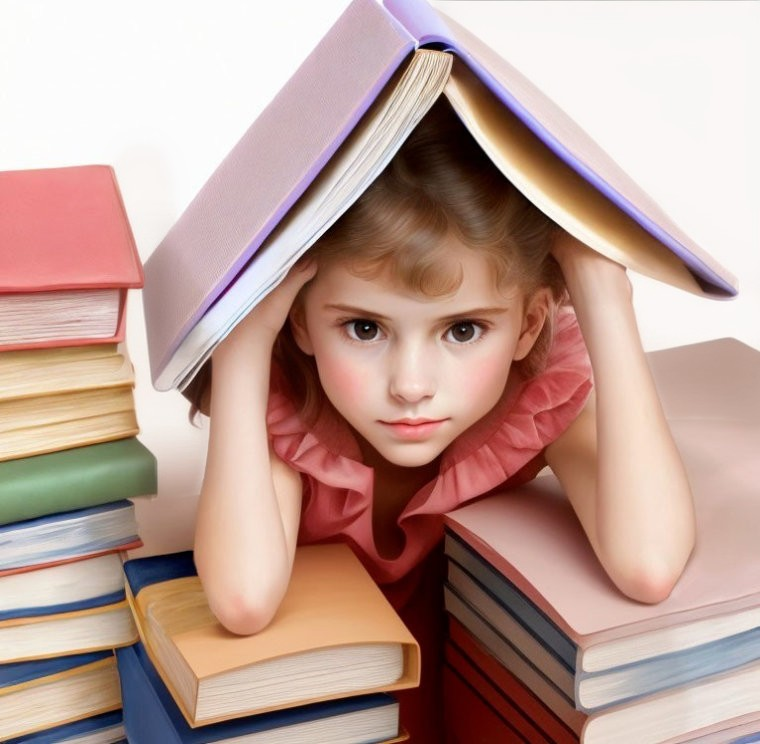 Young girl surrounded by colorful books with open book on head