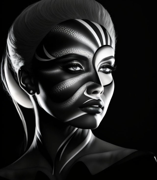 Monochrome portrait of woman with geometric makeup.