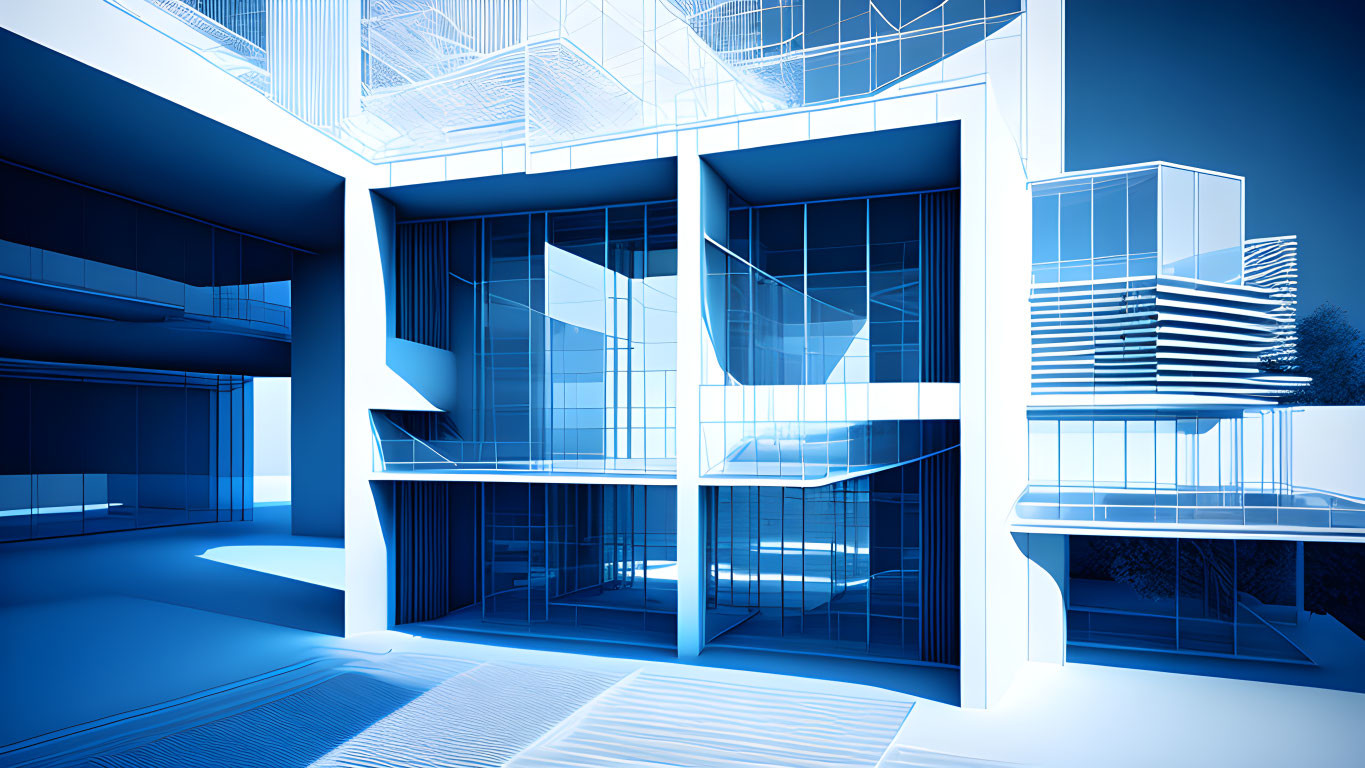 Blue Monochrome Futuristic Architectural Concept with Abstract Geometric Elements