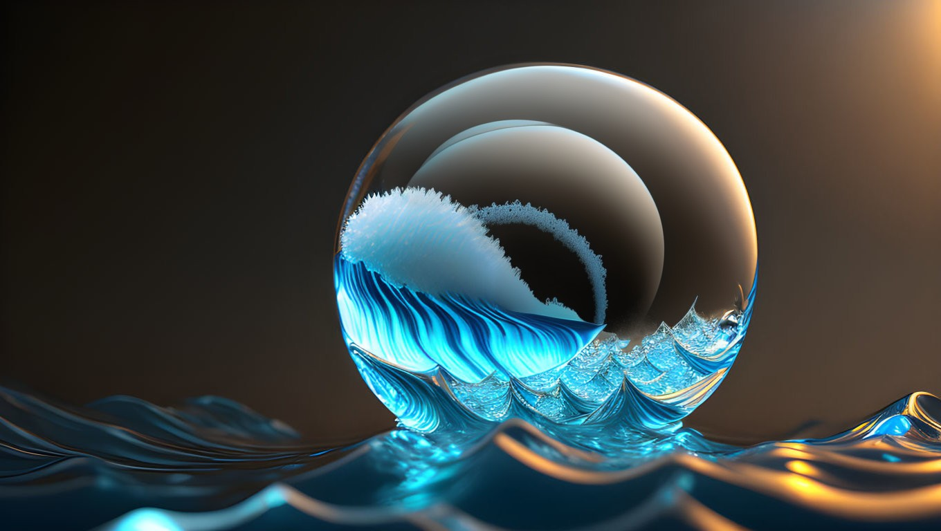 Reflective Sphere with Feathered Texture Floating Above Rippled Water Surface