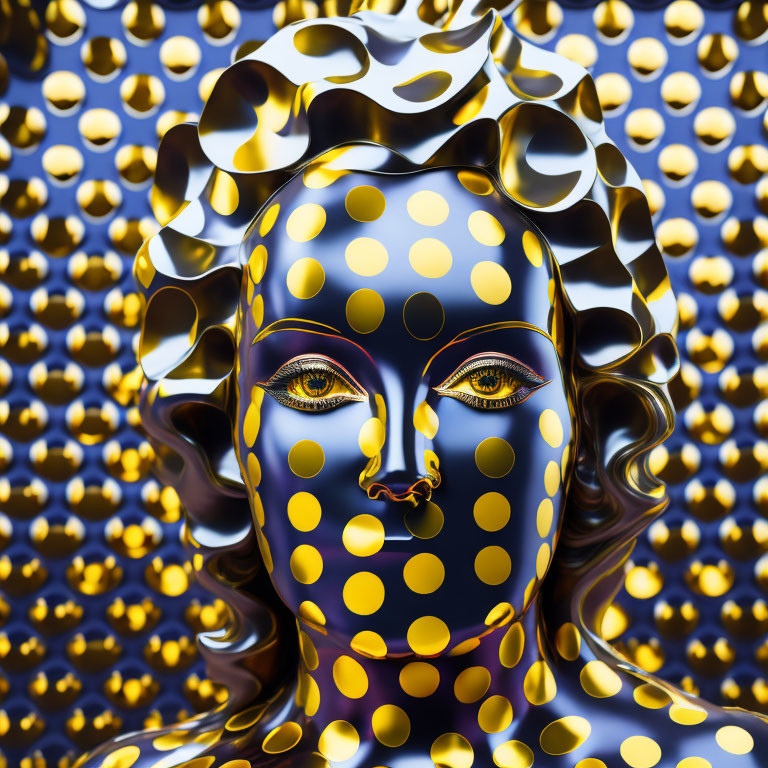 Surreal portrait with golden polka dots and metallic spheres background