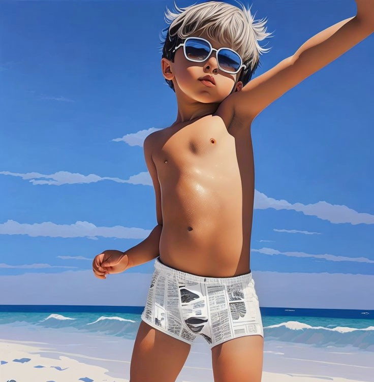 Child in Newspaper-Print Shorts on Beach with Sunglasses