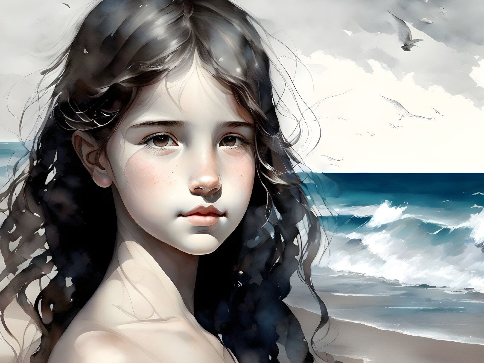 Young girl with dark hair and freckles in digital art by stormy sea