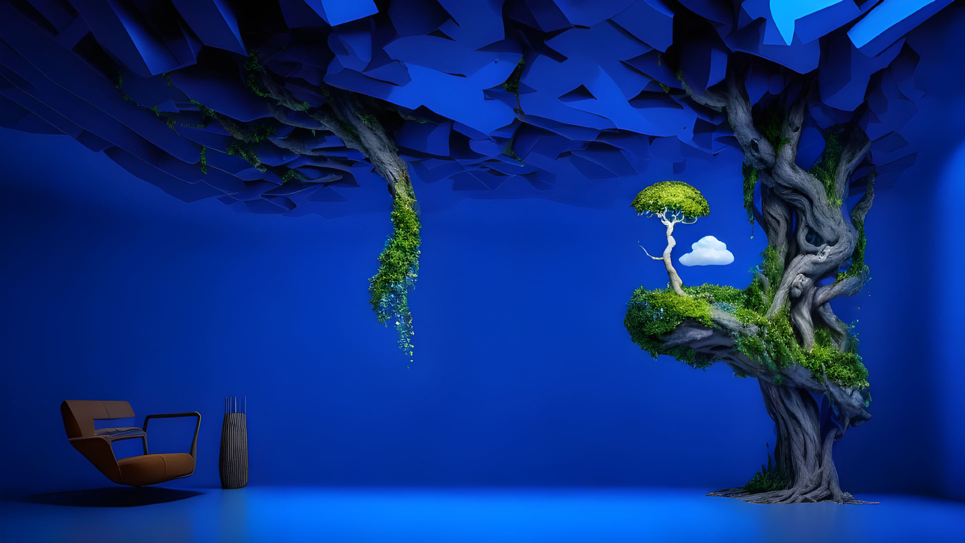 Surreal blue room with floating island and tree above armchair