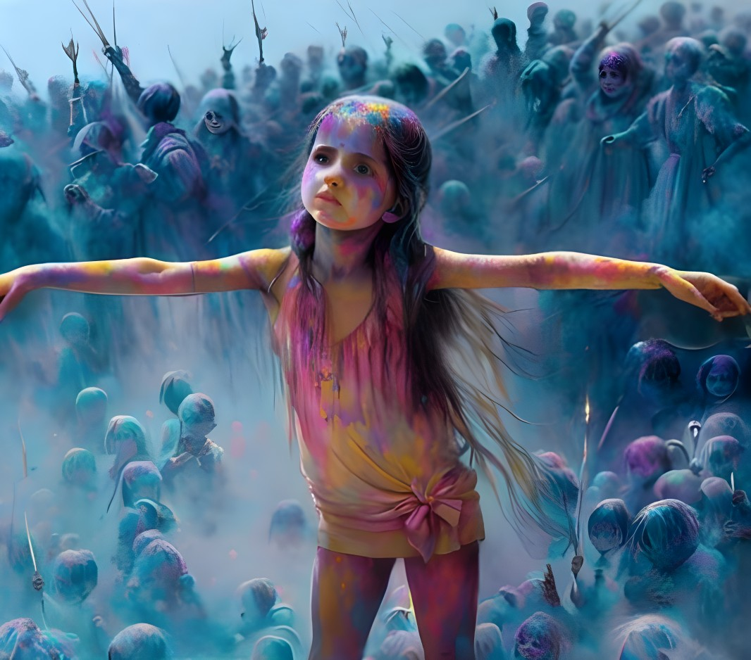 Child with colorful paint surrounded by featureless figures in a hazy crowd