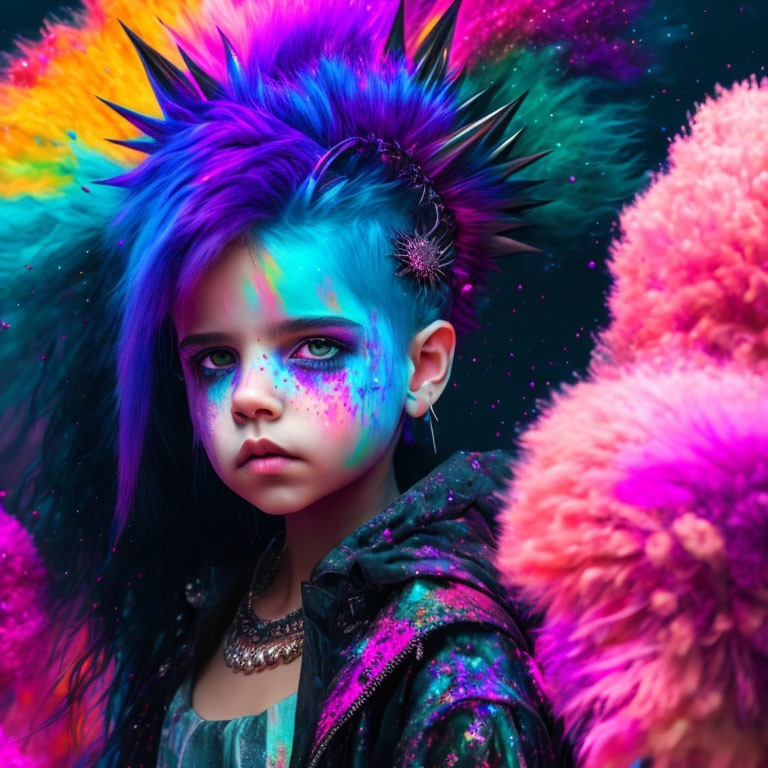 Vibrant child with neon hair and face paint in punk-rock fantasy setting