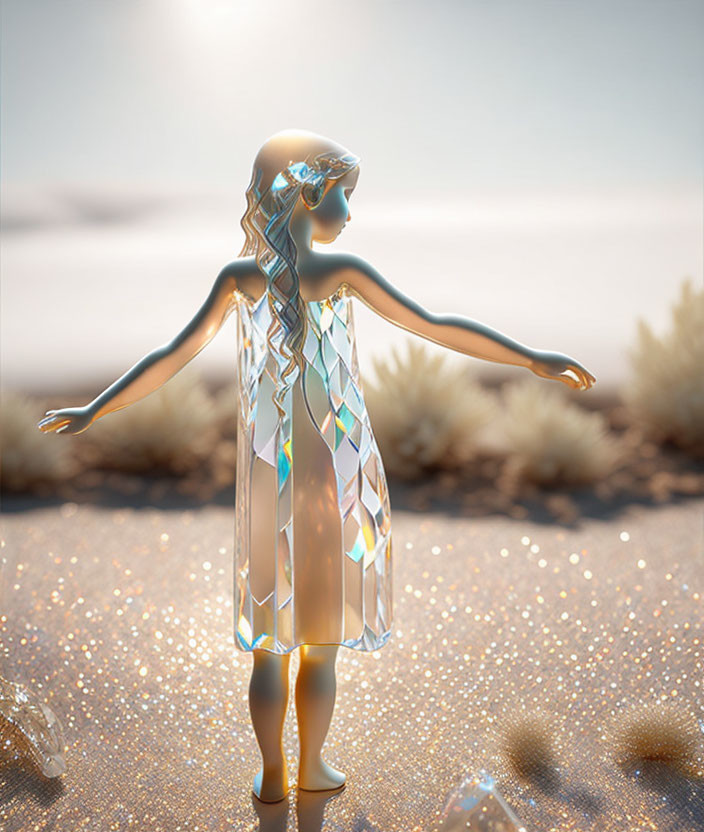 Translucent Crystal-like Figure on Sandy Terrain with Glistening Particles