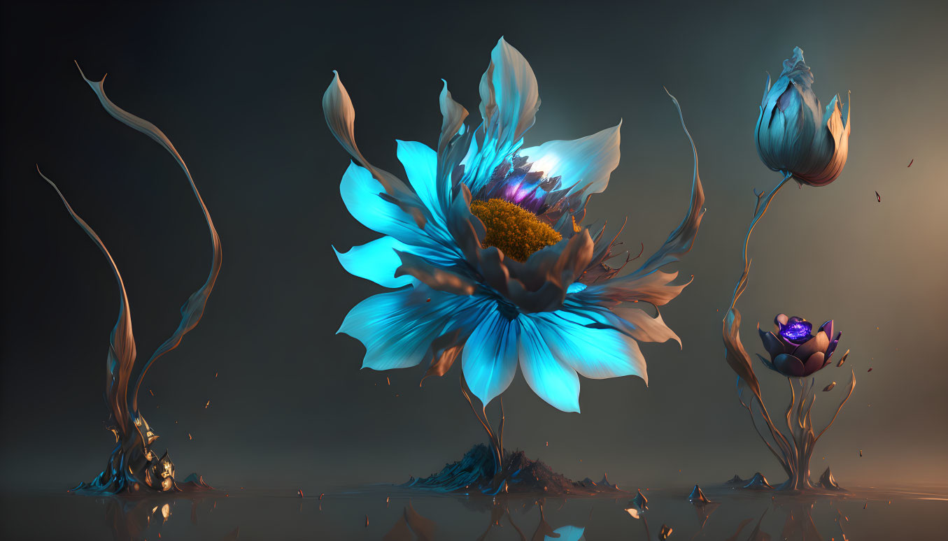 Stylized digital art: Vibrant blue flowers on moody backdrop