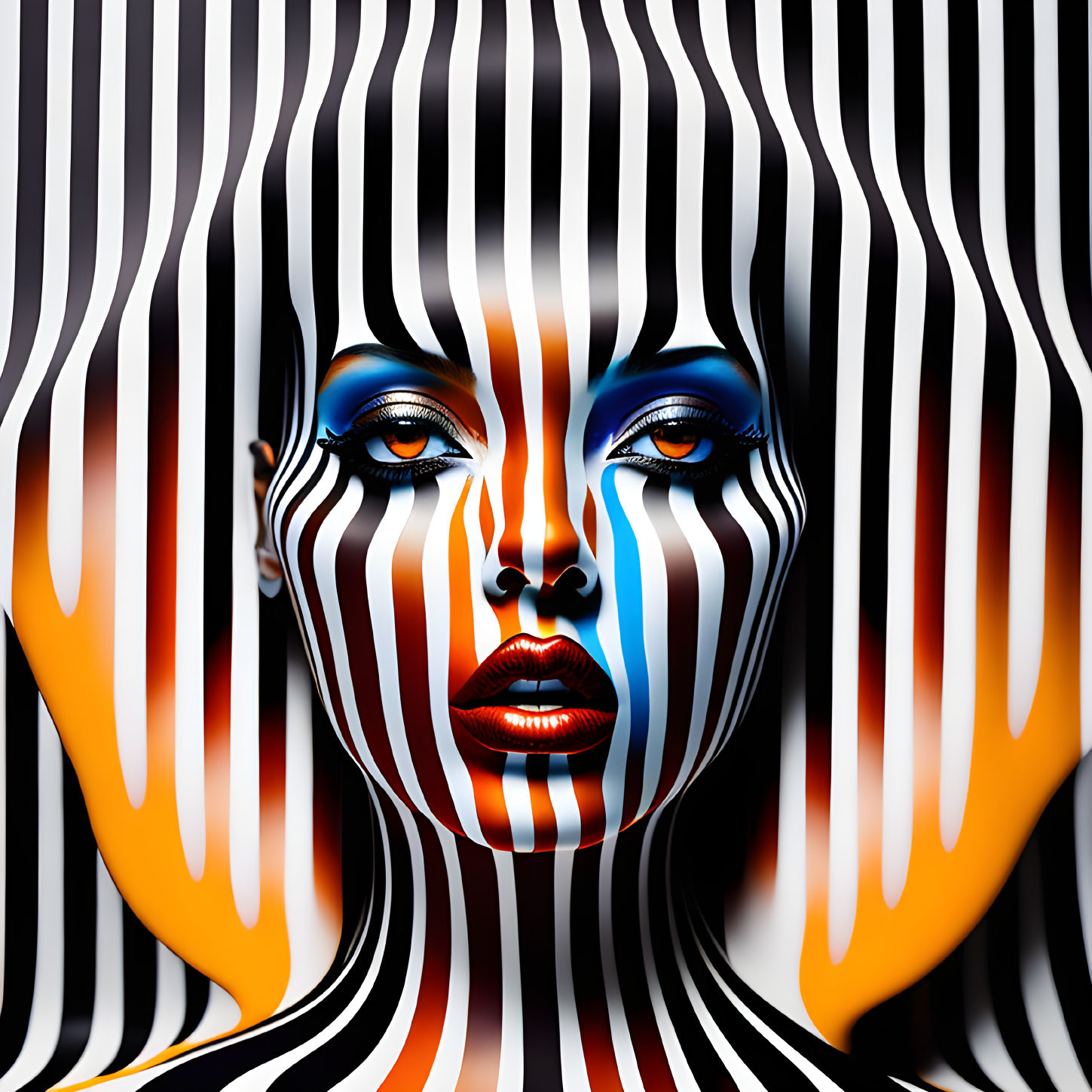 Digital artwork: Woman's face with bold makeup obscured by vertical wavy lines