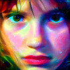 Colorful digital portrait of a woman with green eyes in cosmic setting