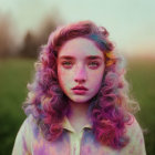 Young girl with colorful curly hair in grassy field