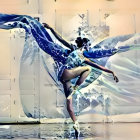 Ballerina mid-dance with swirling blue paint dress