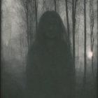 Mysterious figure in veil in misty woods with soft glow