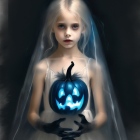 Pale girl with white hair holding blue jack-o'-lantern in dark setting